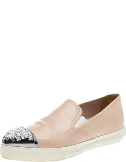Miu Miu Patent Leather Slip On Sneakers With Crystal Embellishments