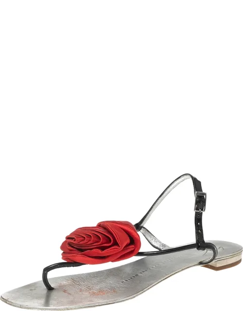 Silver Patent Leather Flower Embellished Flat Thong Sandals
