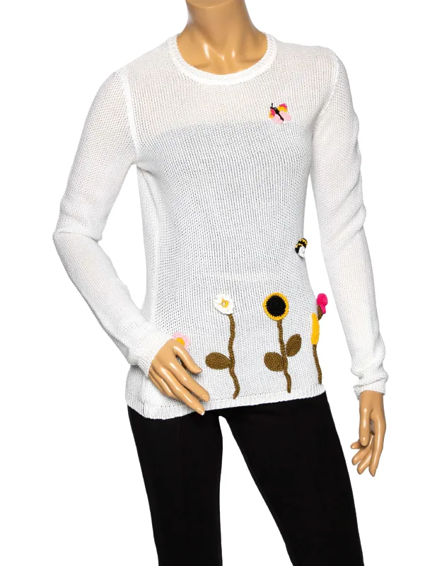 White Cotton Knit Floral Appliqued Long Sleeve Jumper