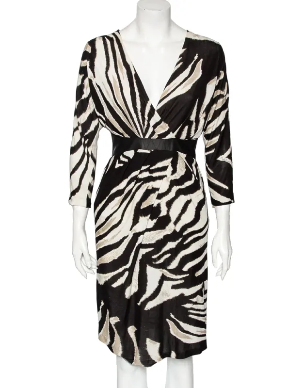 Monochrome Printed Jersey & Leather Detailed Draped Dress