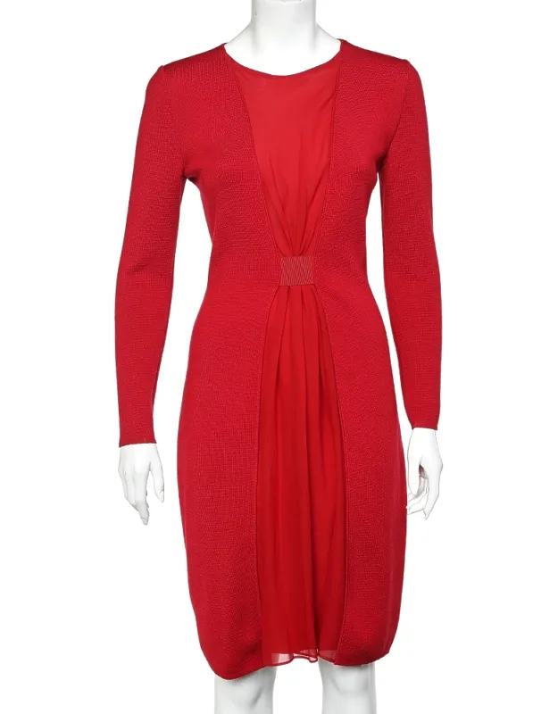 Wool & Pleated Silk Paneled Midi Dress