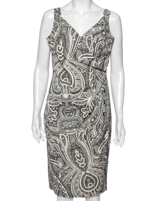 Monochrome Paisley Printed Cotton Draped Detail Dress