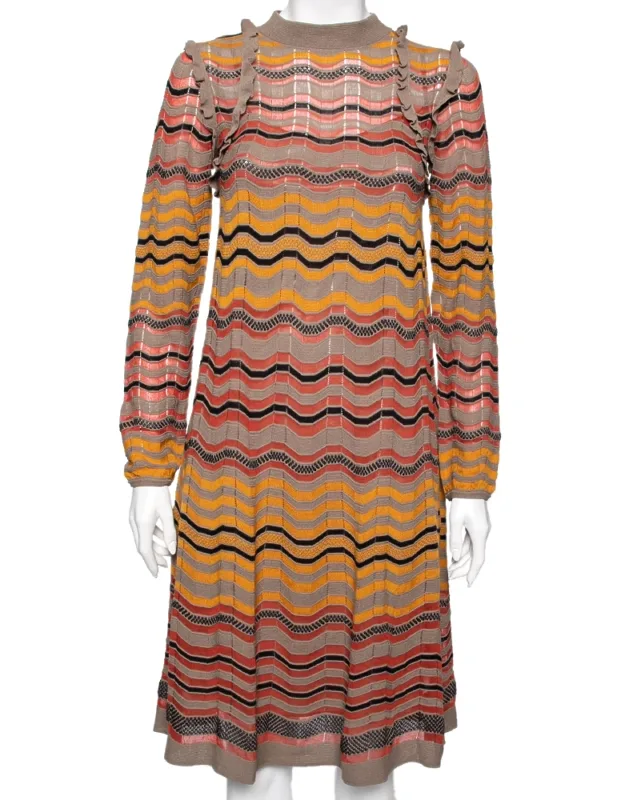 Multicolor Wave Perforated Pattern Knit Ruffle Detailed Midi Dress