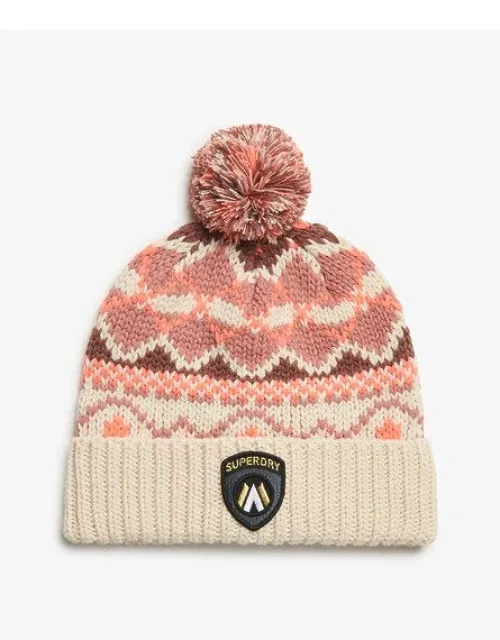 Apres Ski Knitted Beanie Hat With Fairisle Pattern And Bobble