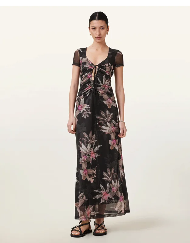 Floral Print Mesh Maxi Dress