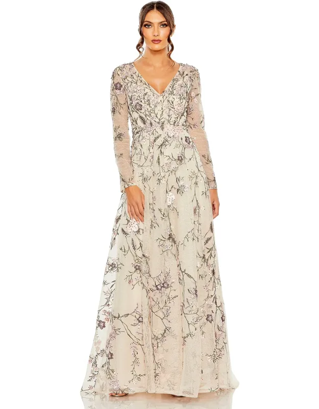 V-neck Long Sleeve Embroidered A-line Floral Dress