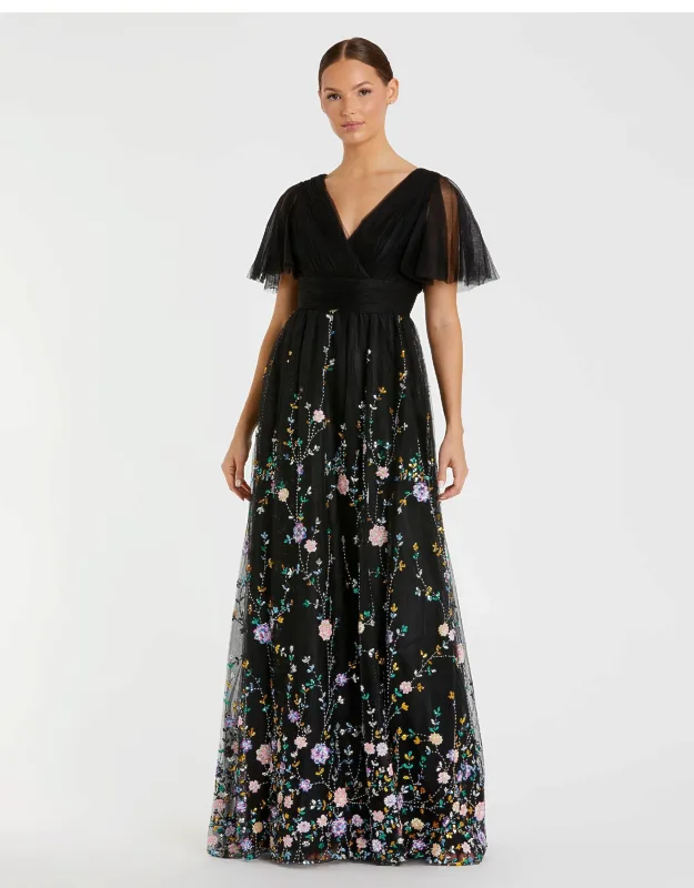 Embroidered Butterfly Sleeve V Neck Floral Prom Dress