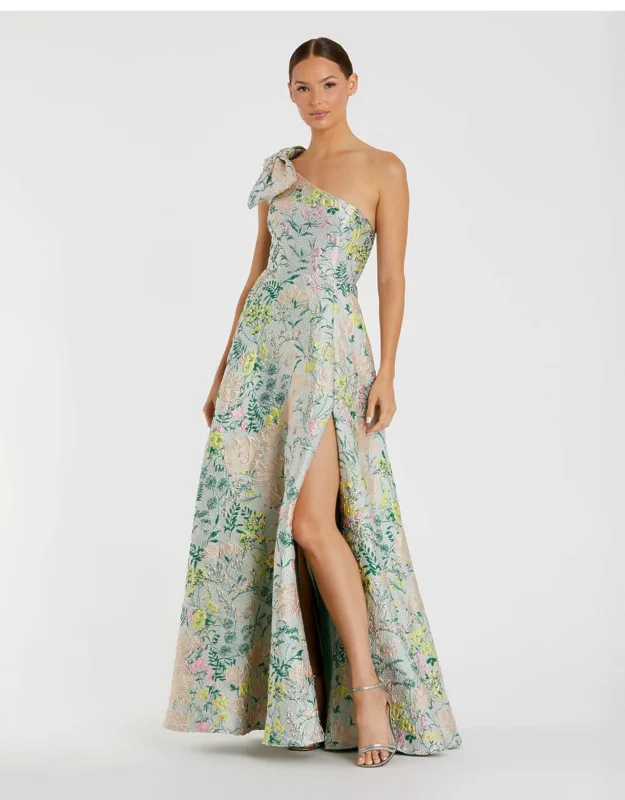 One Shoulder Brocade Floral Wedding Guest Dress With Bow