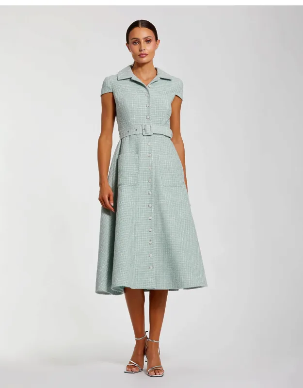 Boucle Cap Sleeve Button Up Midi Dress