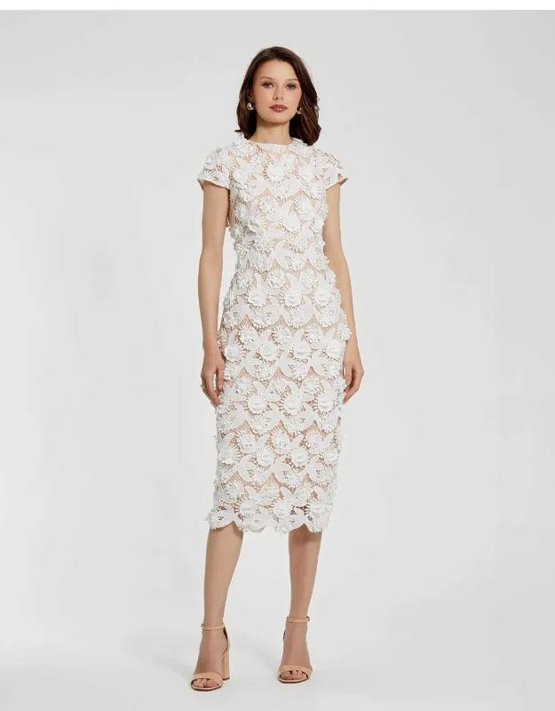 Floral Lace Fitted Short Sleeve Midi Dress
