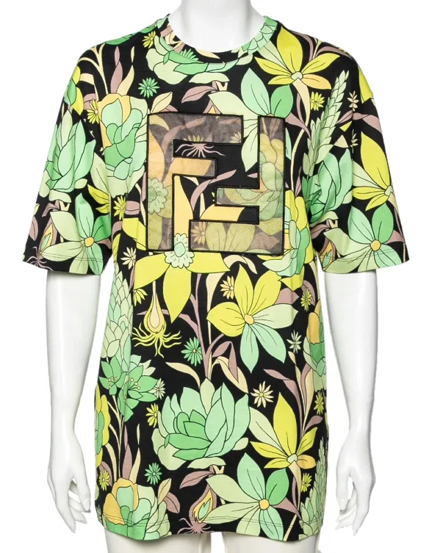Multicolored Floral Printed Cotton Ff Motif Detailed T-shirt