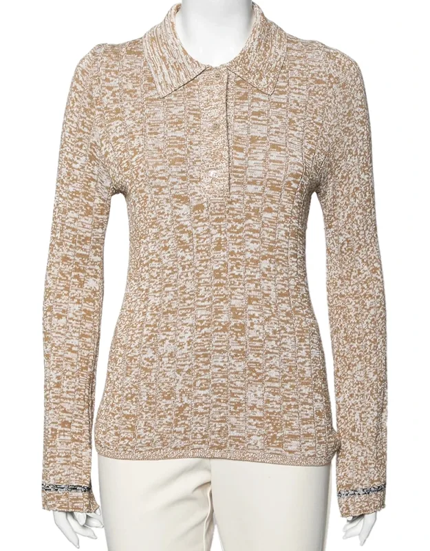 Patterned Ribbed Knit Long Sleeve Polo Sweater