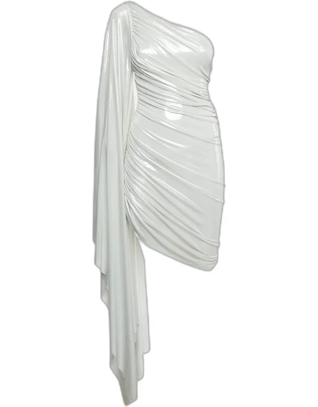 Silver Lamé Jersey One Shoulder Ruched Mini Dress
