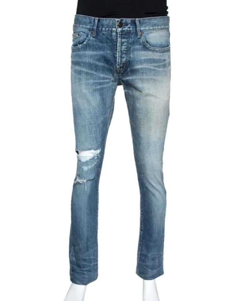 Indigo Washed Denim Distressed Slim Fit Jeans