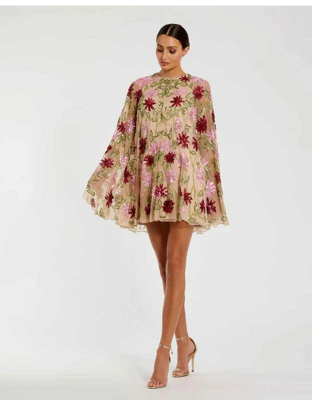 Floral Beaded Mesh Shawl Mini Dress