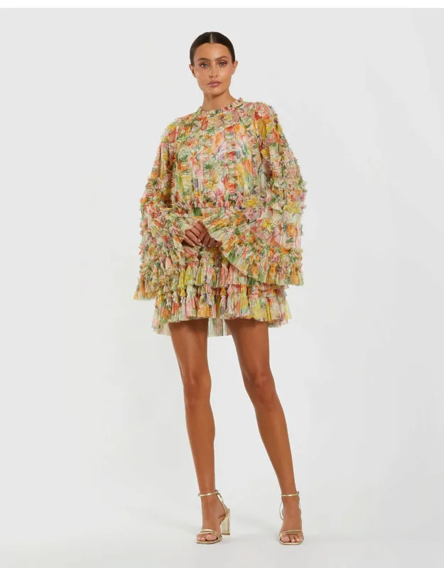 Multicolor Printed Mesh Ruffle High Neck Mini Dress