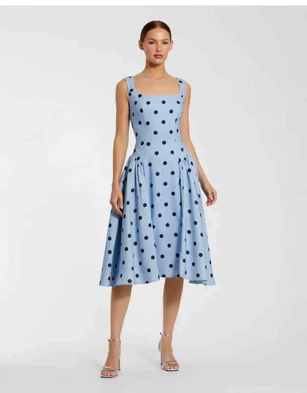 Thin Strap Crepe Polka Dot Midi Dress