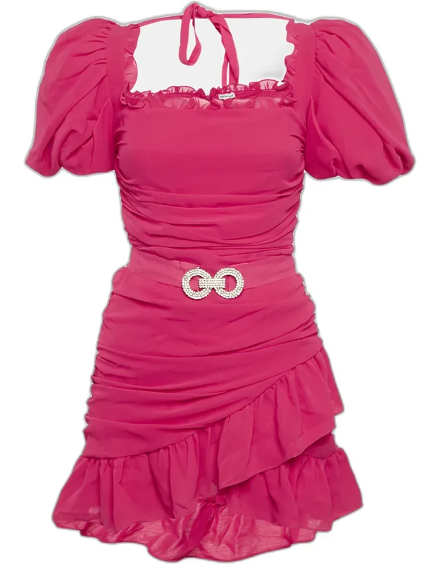 Chiffon Ruche Detail Belted Mini Dress