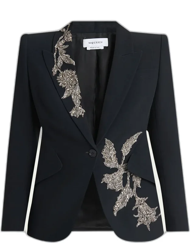 Floral Crystal One-button Crepe Blazer