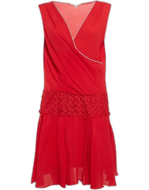 Embroidered Tulle Trim Crepe Short Dress