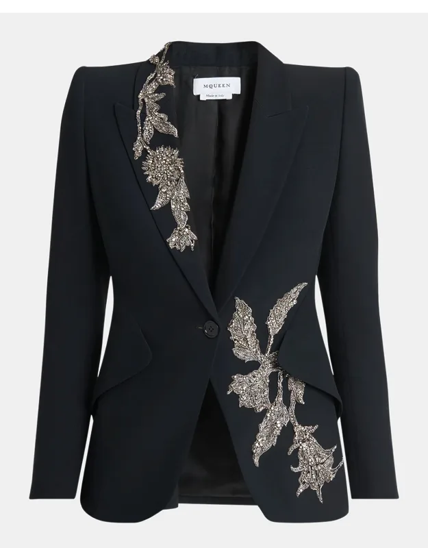 Floral Crystal One-button Crepe Blazer