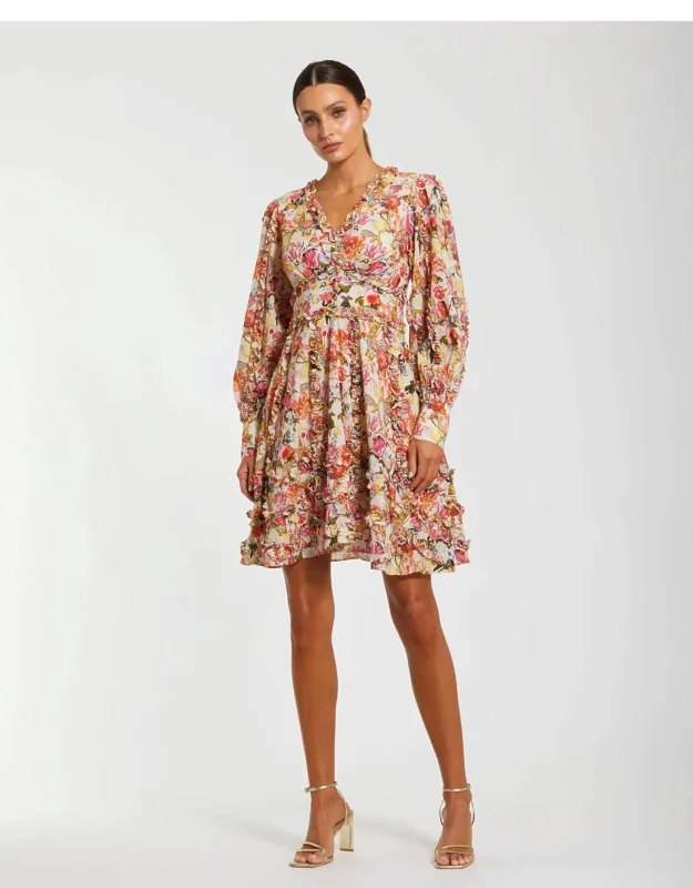 Ruffle Floral V Neck Cotton Mini Dress