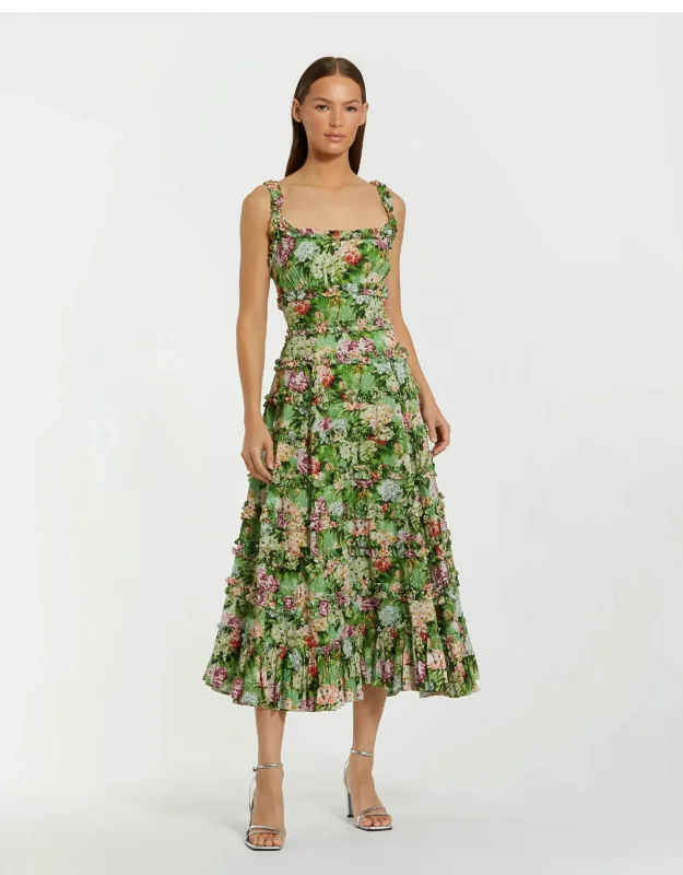 Ruffle Floral Square Neck Midi Dress