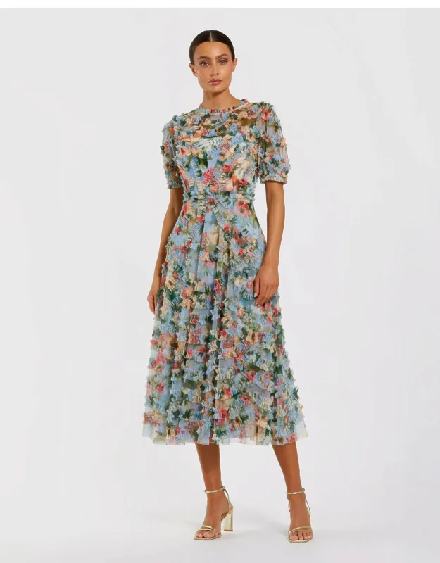 Floral Mesh Ruffle High Neck Midi Dress