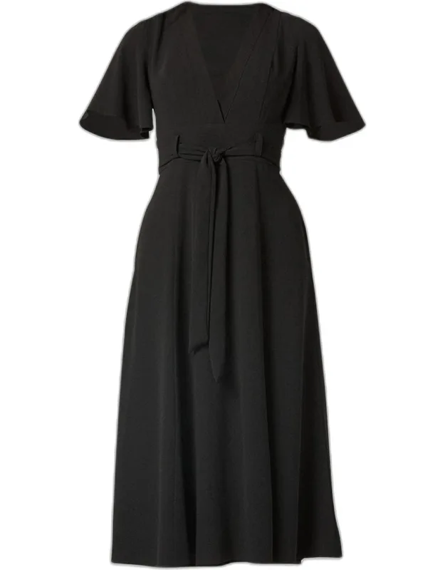 Belted Flutter-sleeve Midi Dress