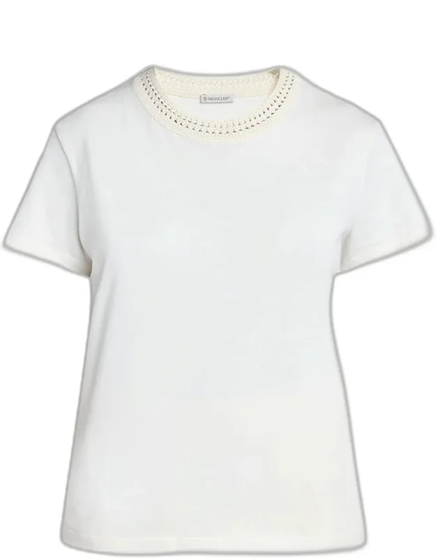 Short-sleeve Tee With Crochet Neckline And Embroidered Logo