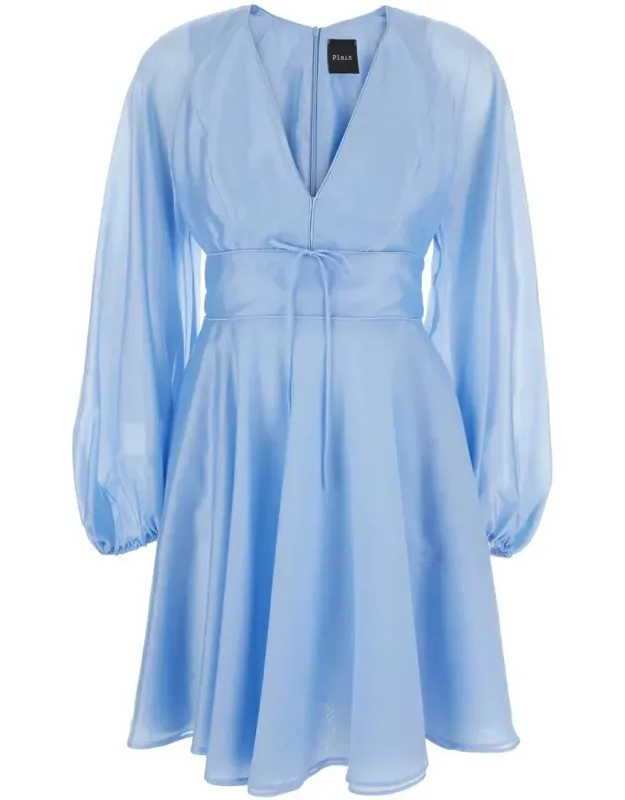 Light Blue Dress With V-neck And Flared Skirt In Tech Fabric