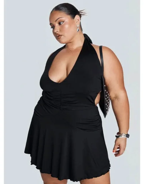 Halter Mini Dress V-neckline, Ruched Detailing