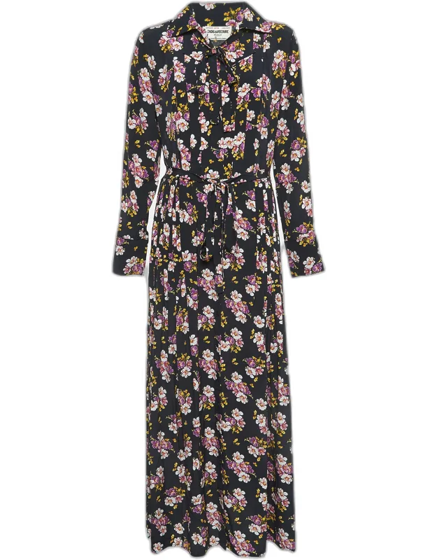 Floral Print Silk Pleated Button Front Maxi Dress