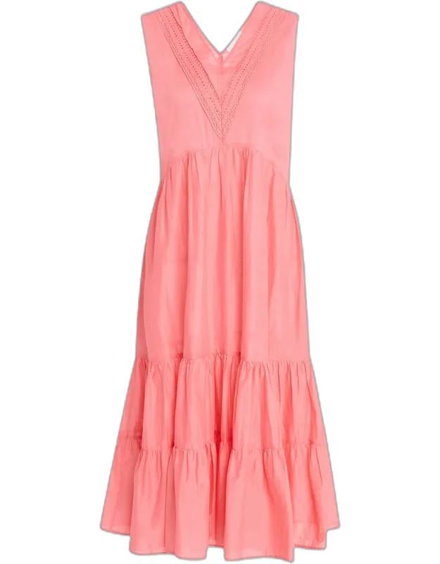 Tiered Lace-trim Cotton Midi Dress