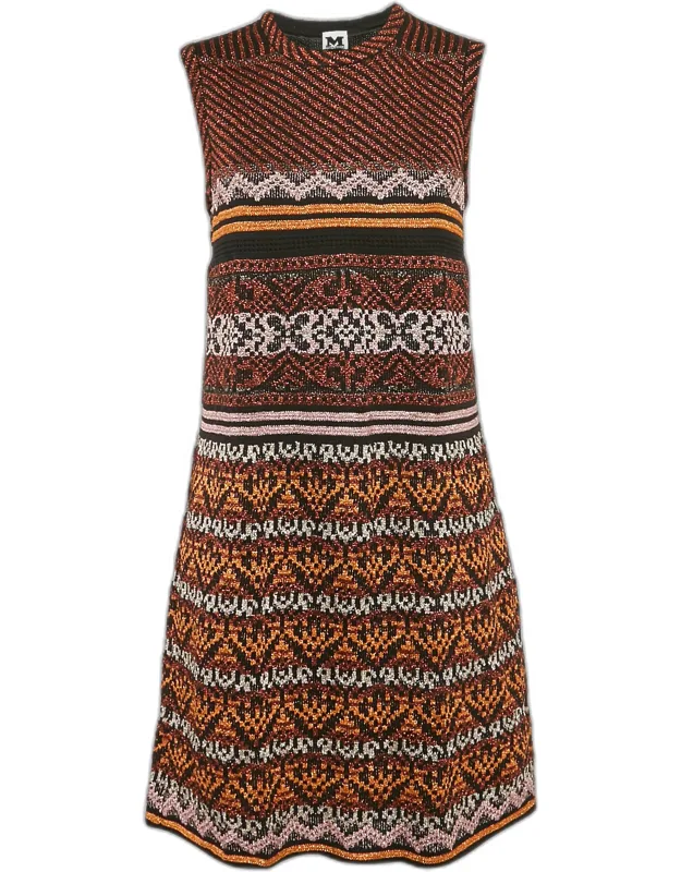 Multicolor Patterned Lurex Knit Sleeveless Short Dress