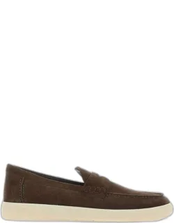 Flat Shoes With Rich Dark Brown Suede Exterior And Decorative Carved Badge
