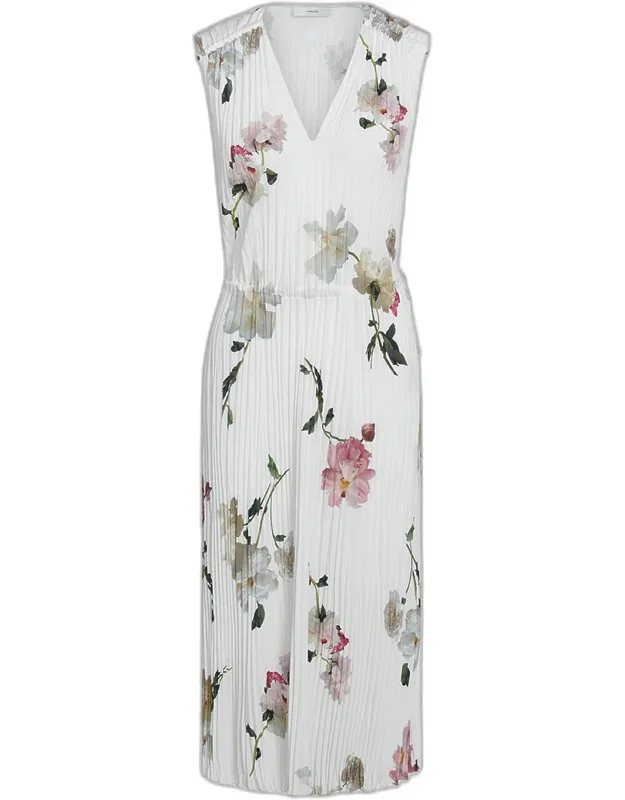 Floral Pleated V-neck Midi Dress