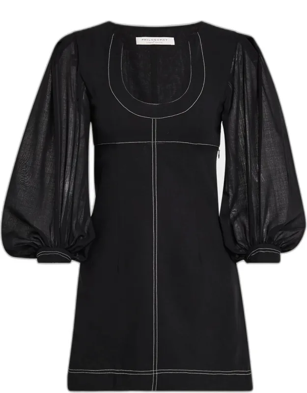 _balloon-sleeve Mini Dress With Scoop Neckline And Invisible Side Zip_