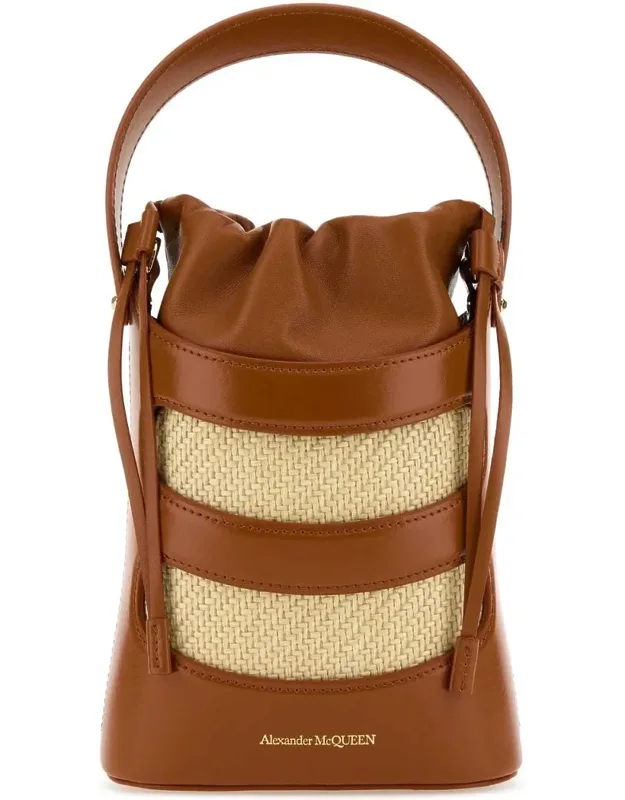 Bucket Bag With Two-tone Leather And Raffia