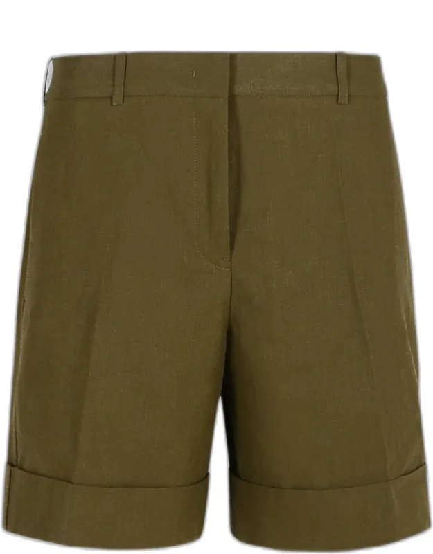 Green Linen Shorts With Belt Loops And Concealed Flap Closure