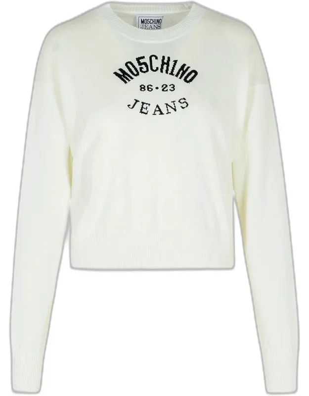 Moschino Jeans White Cotton Sweater Finished Crew Neck, Contrast Logo Lettering