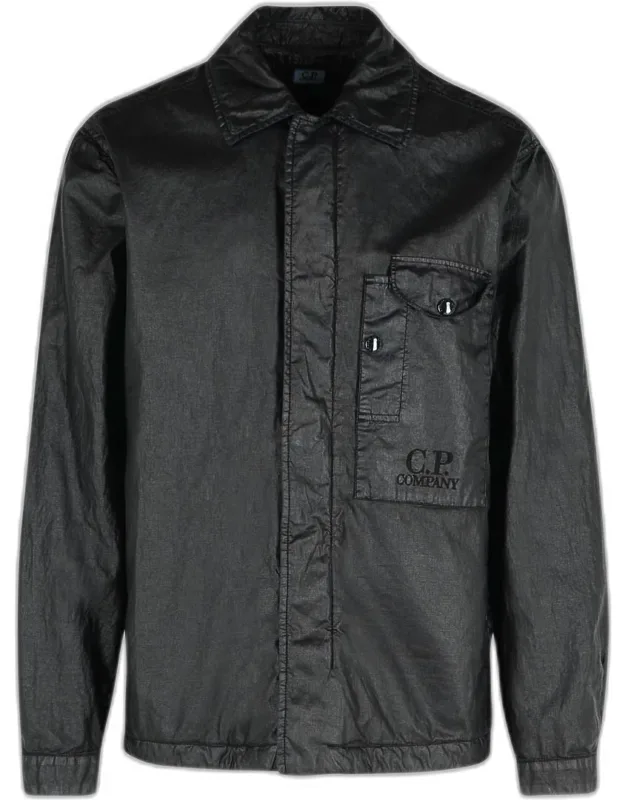 Black Linen Shirt With Central Zip And Button Closure