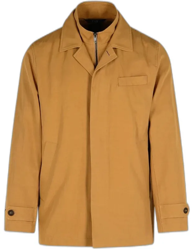 'morning Beige Cotton Blend Jacket With V Neckline And Double Zip Closure'