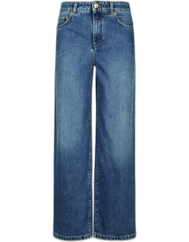 Blue Cotton Jeans With Button Closure And Flap Concealed Zip