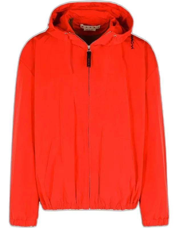 Red Cotton Blend Jacket With Drawstring Hood And Front Zip Closure