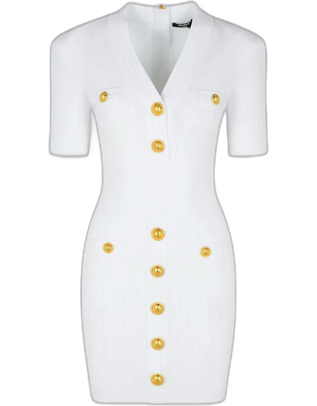 Viscose Blend Dress With 'v' Neckline And Ornamental Buttons