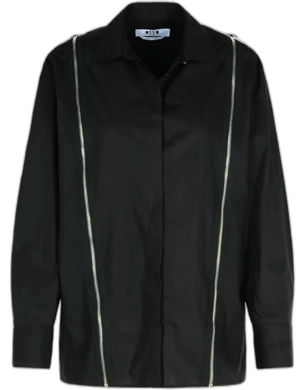 _black Cotton Shirt With Tone-on-tone Collar And Button Closure_