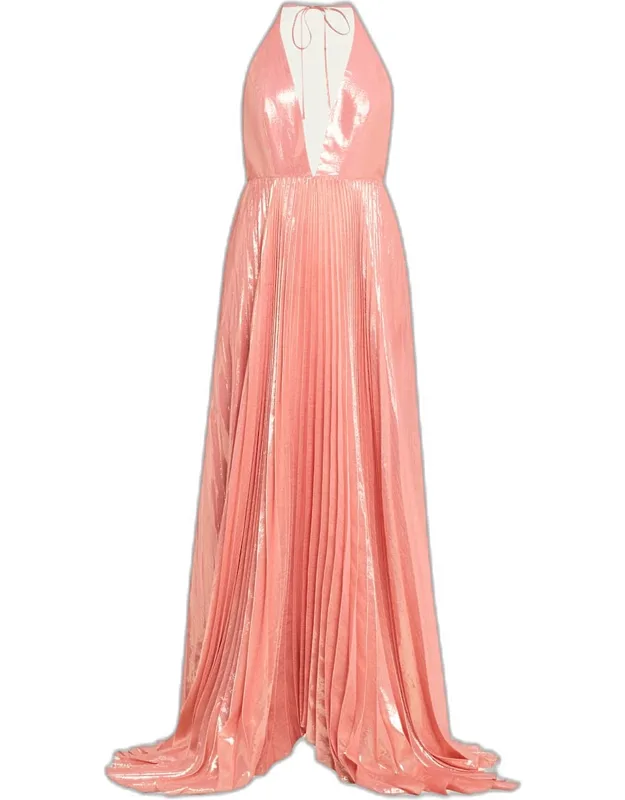 Pleated Metallic Halter Maxi Dress
