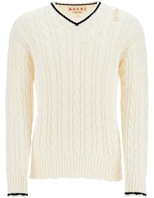 Cotton Sweater With Cable Knit V-neck