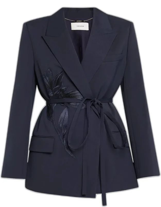 Flower Double-breasted Belted Wool Blazer